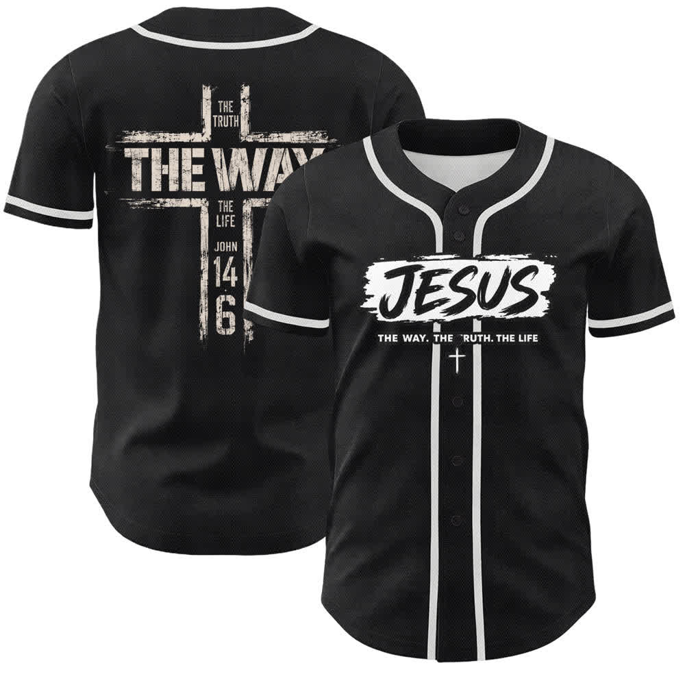Christianartworkshop Jesus The Way Brush Print Black Baseball Jersey - White - 5XL - image 0