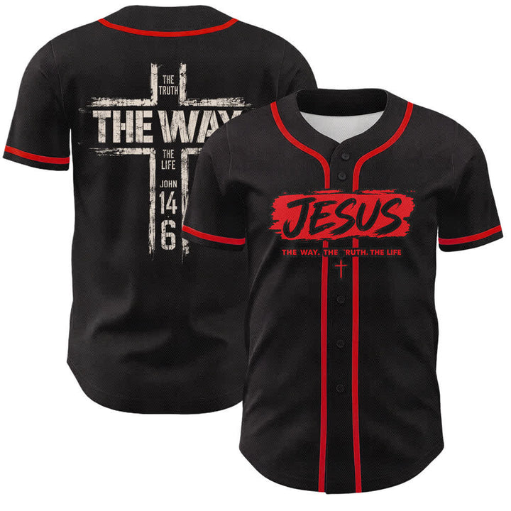 Christianartworkshop Jesus The Way Brush Print Black Baseball Jersey - Red - 5XL - image 7