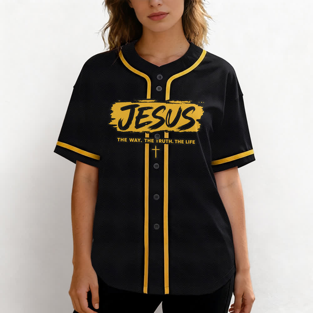 Christianartworkshop Jesus The Way Brush Print Black Baseball Jersey - image 18