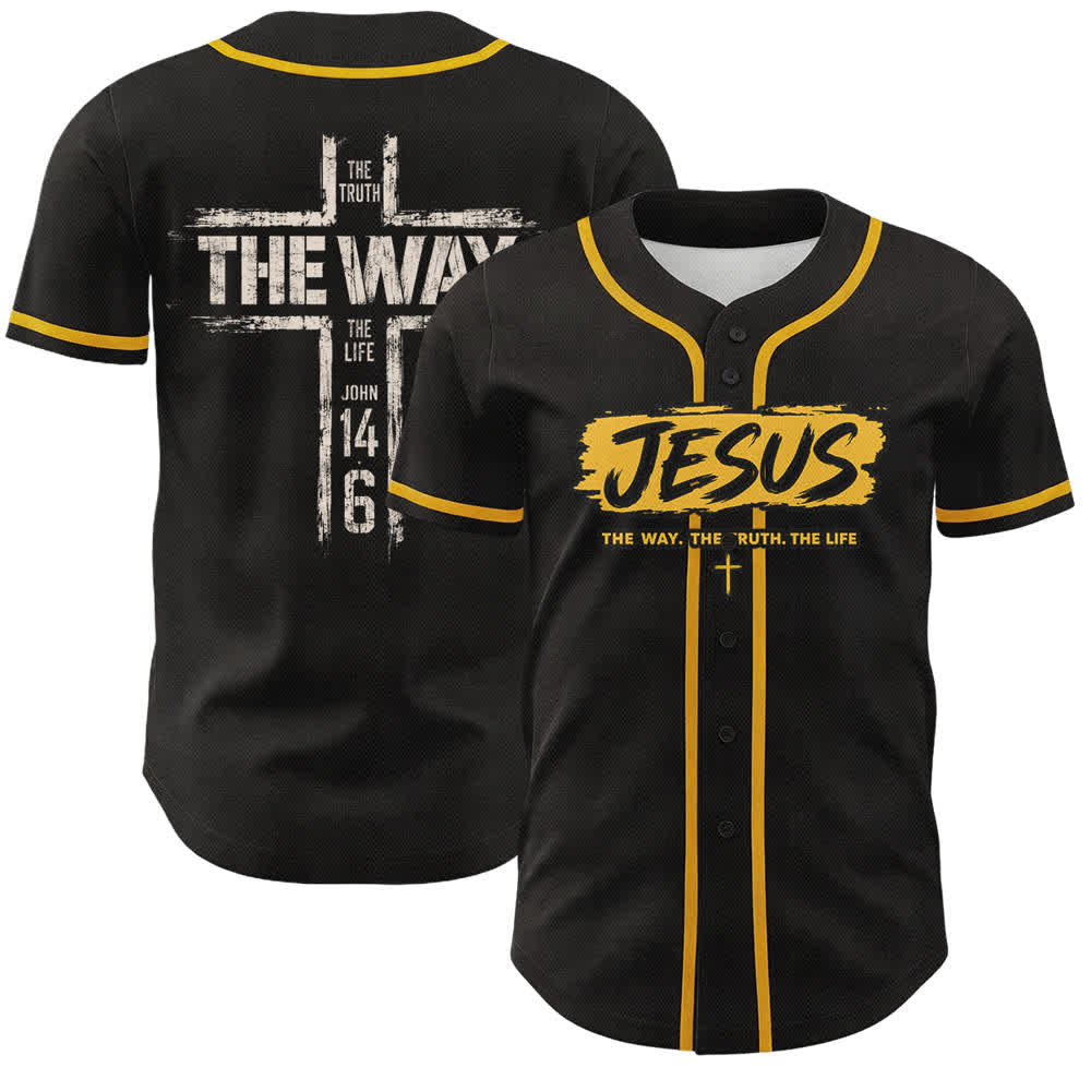 Christianartworkshop Jesus The Way Brush Print Black Baseball Jersey - Yellow - 5XL - image 14