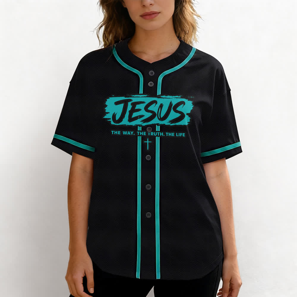 Christianartworkshop Jesus The Way Brush Print Black Baseball Jersey - image 30
