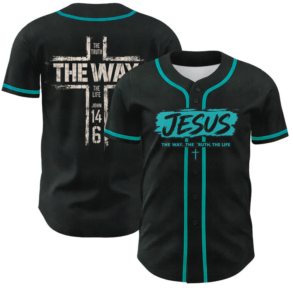 Christianartworkshop Jesus The Way Brush Print Black Baseball Jersey - Lake Blue - 5XL - image 28