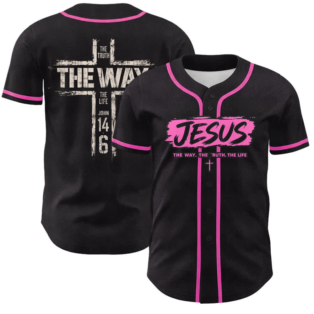 Christianartworkshop Jesus The Way Brush Print Black Baseball Jersey - Pink - 5XL - image 42