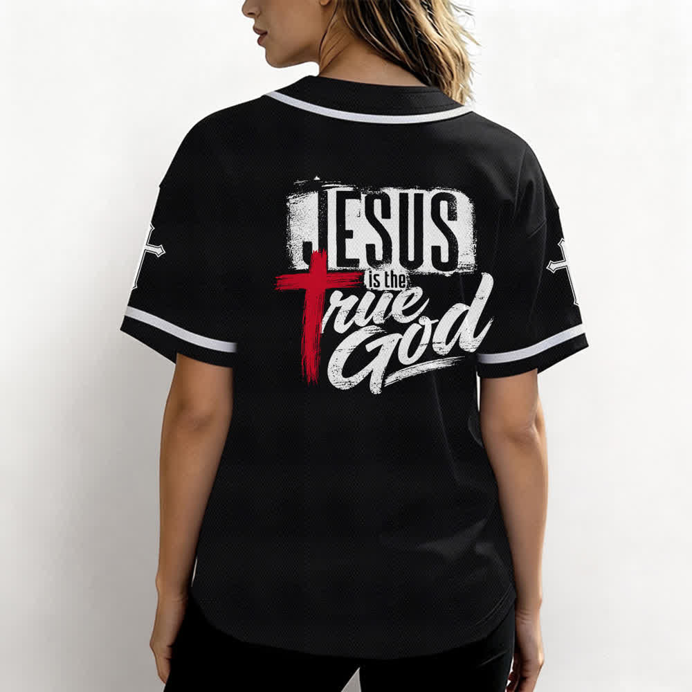 Christianartworkshop Jesus True God Red Cross Black Baseball Jersey - image 3