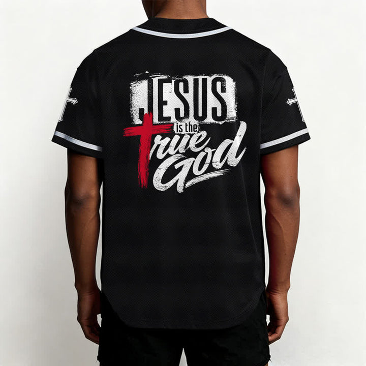 Christianartworkshop Jesus True God Red Cross Black Baseball Jersey - image 5