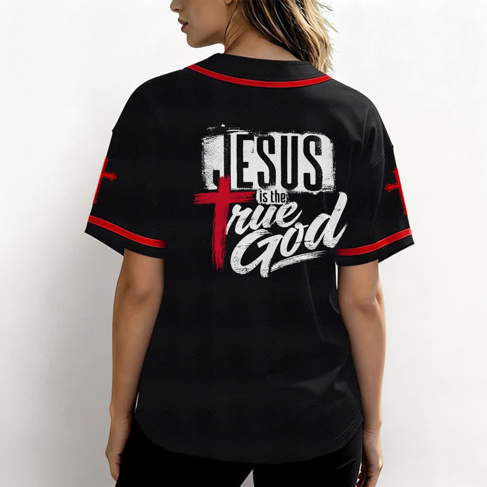 Christianartworkshop Jesus True God Red Cross Black Baseball Jersey - image 17