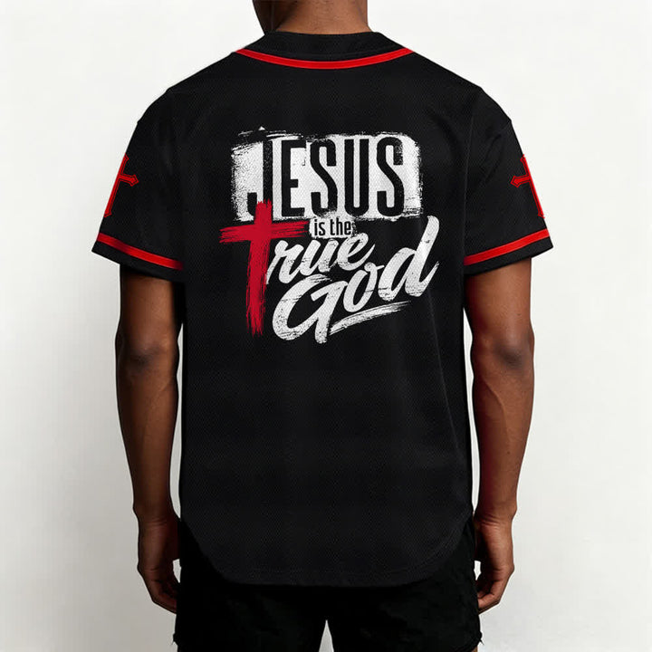 Christianartworkshop Jesus True God Red Cross Black Baseball Jersey - image 19