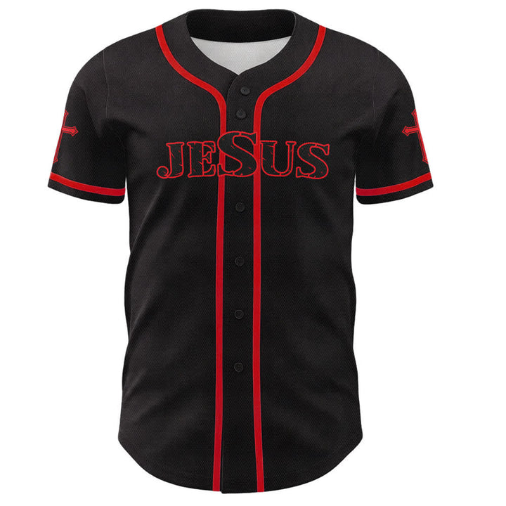 Christianartworkshop Jesus True God Red Cross Black Baseball Jersey - image 16