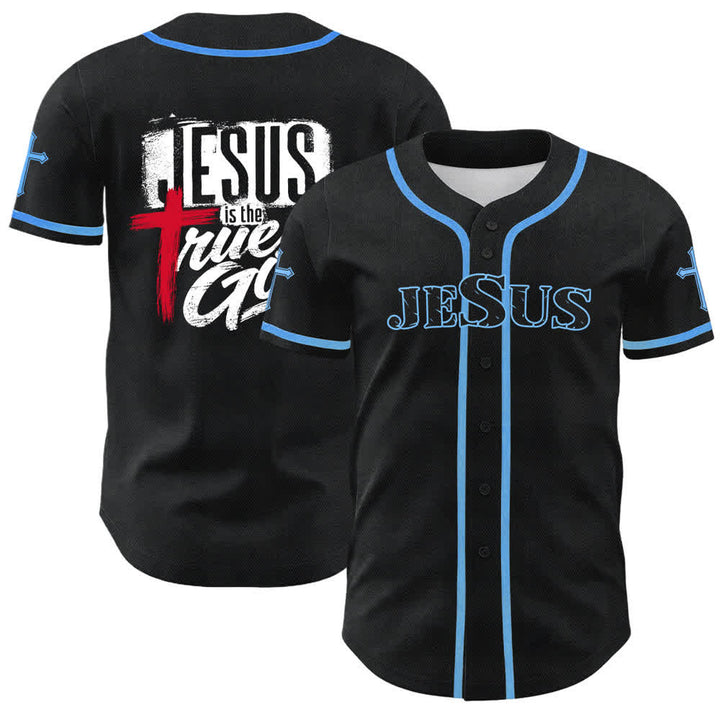 Christianartworkshop Jesus True God Red Cross Black Baseball Jersey - Sky Blue - 5XL - image 28