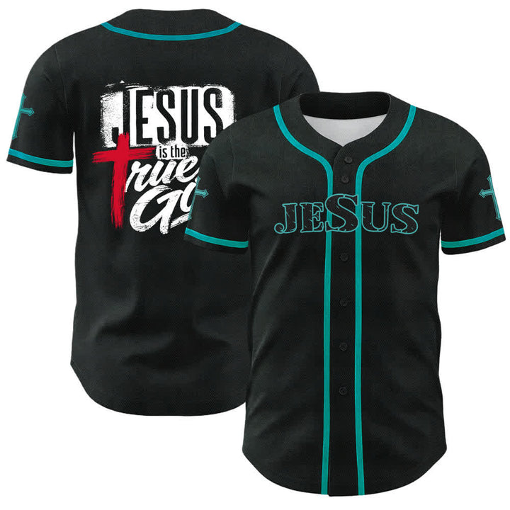 Christianartworkshop Jesus True God Red Cross Black Baseball Jersey - Lake Blue - 5XL - image 35