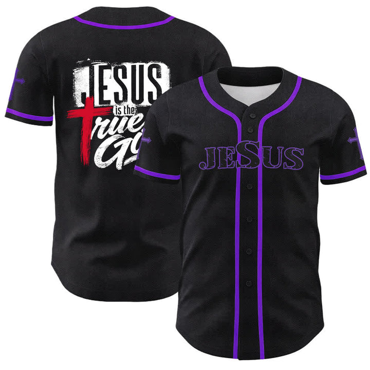 Christianartworkshop Jesus True God Red Cross Black Baseball Jersey - Purple - 5XL - image 56