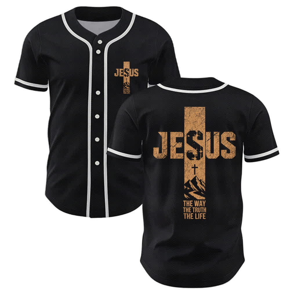 Christianartworkshop Jesus Cross Distressed Mesh Button Front Baseball Jersey - Black - 5XL - image 7