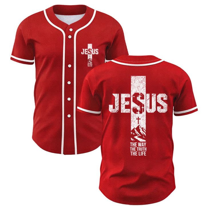 Christianartworkshop Jesus Cross Distressed Mesh Button Front Baseball Jersey - Red - 5XL - image 14