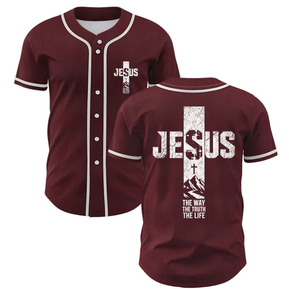 Christianartworkshop Jesus Cross Distressed Button Front Baseball Jersey - Wine - 5XL - image 21