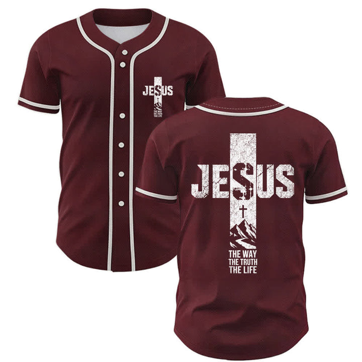 Christianartworkshop Jesus Cross Distressed Button Front Baseball Jersey - Wine - 5XL - image 21