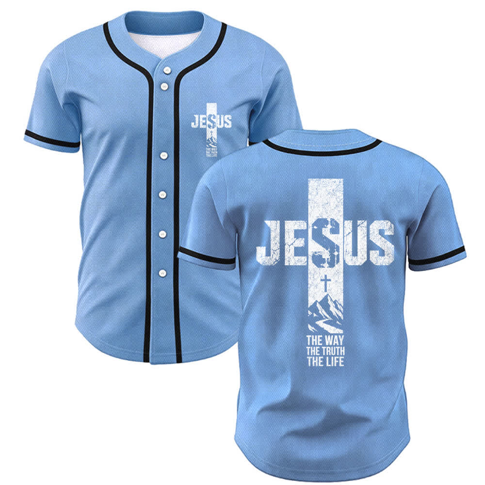 Christianartworkshop Jesus Cross Distressed Mesh Button Front Baseball Jersey - Blue - 5XL - image 28
