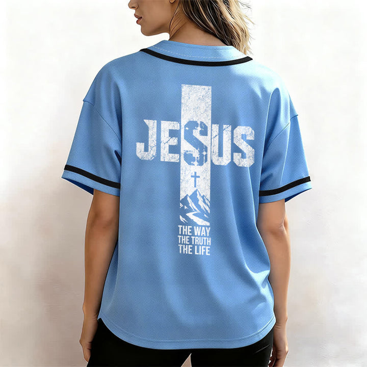 Christianartworkshop Jesus Cross Distressed Button Front Baseball Jersey - image 32
