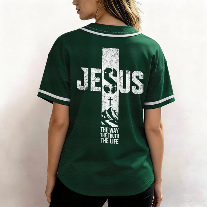 Christianartworkshop Jesus Cross Distressed Mesh Button Front Baseball Jersey - image 38