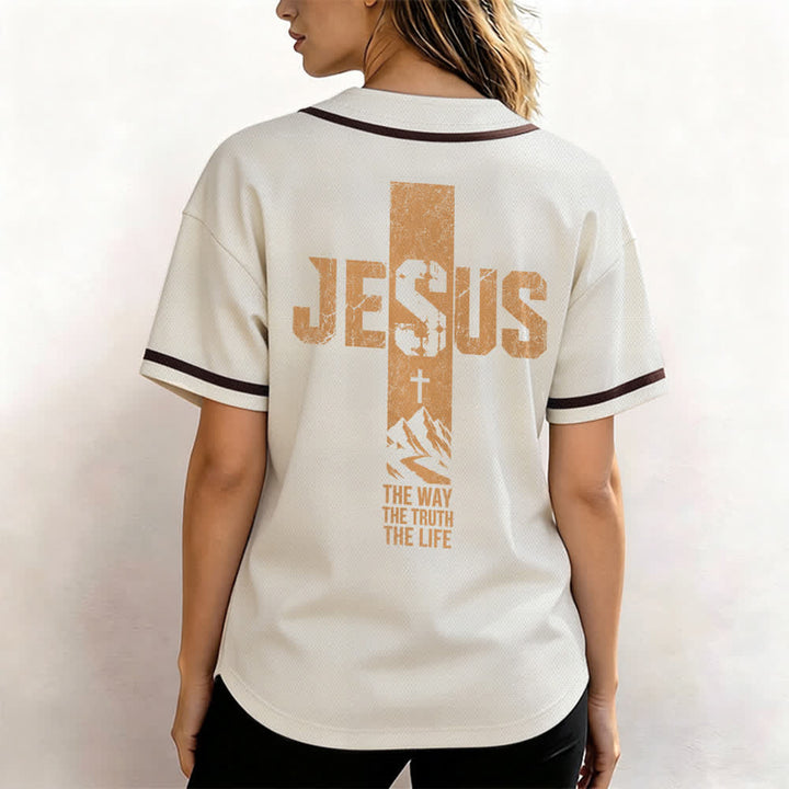 Christianartworkshop Jesus Cross Distressed Mesh Button Front Baseball Jersey - image 45