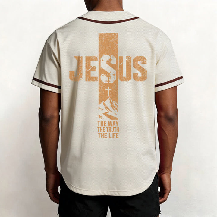 Christianartworkshop Jesus Cross Distressed Mesh Button Front Baseball Jersey - image 47