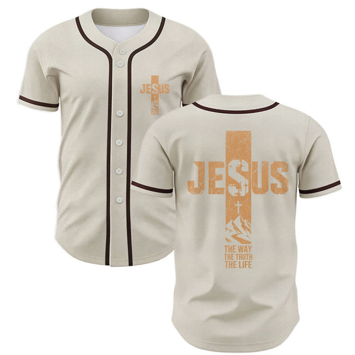 Christianartworkshop Jesus Cross Distressed Button Front Baseball Jersey - Beige - 5XL - image 42