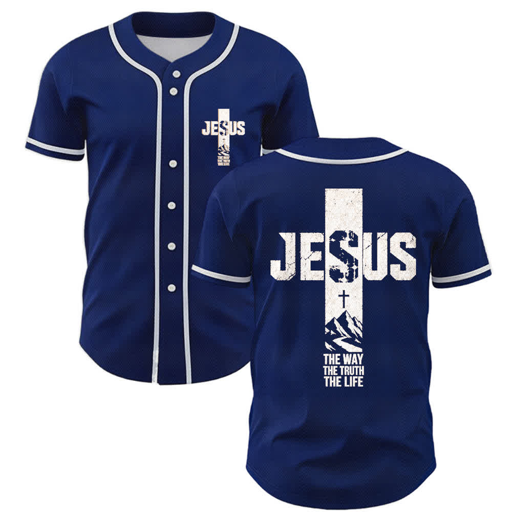 Christianartworkshop Jesus Cross Distressed Mesh Button Front Baseball Jersey - Navy - 5XL - image 49