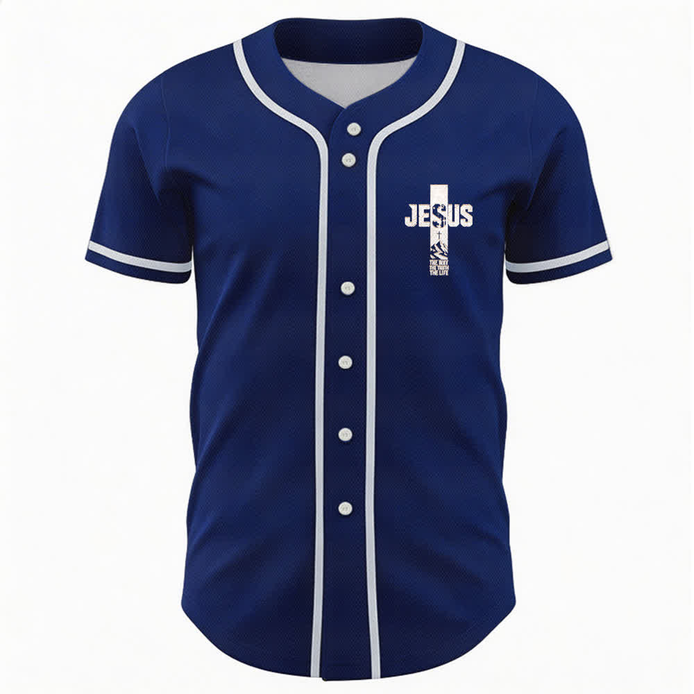 Christianartworkshop Jesus Cross Distressed Button Front Baseball Jersey - image 51
