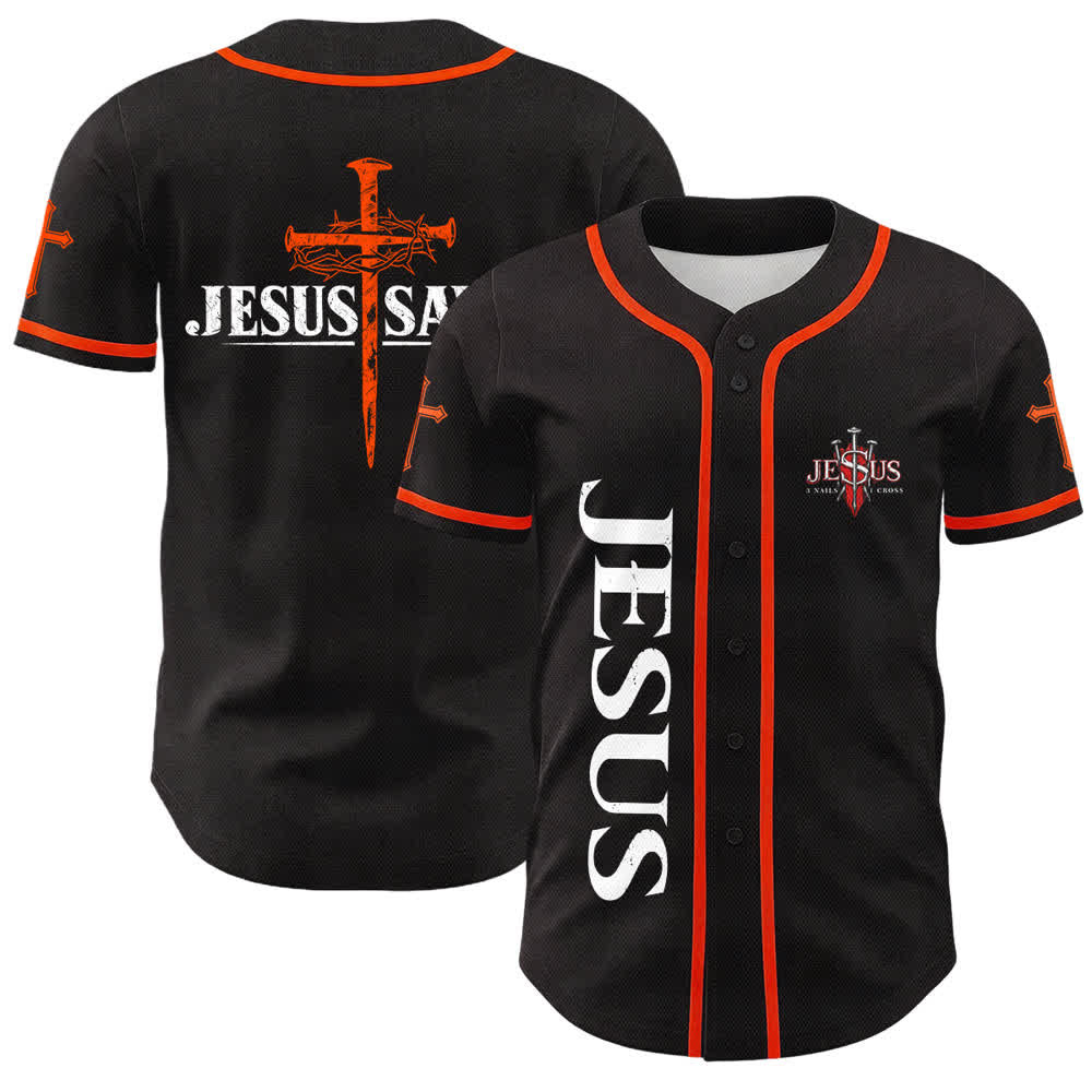 Christianartworkshop Jesus Saves Thorn Crown Black Mesh Baseball Jersey - Orange - 5XL - image 7
