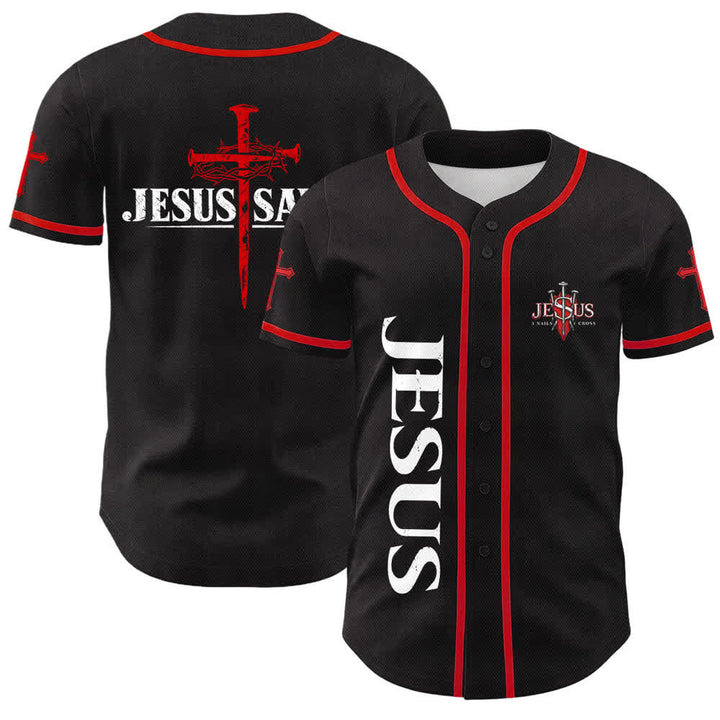 Christianartworkshop Jesus Saves Thorn Crown Black Mesh Baseball Jersey - Red - 5XL - image 14