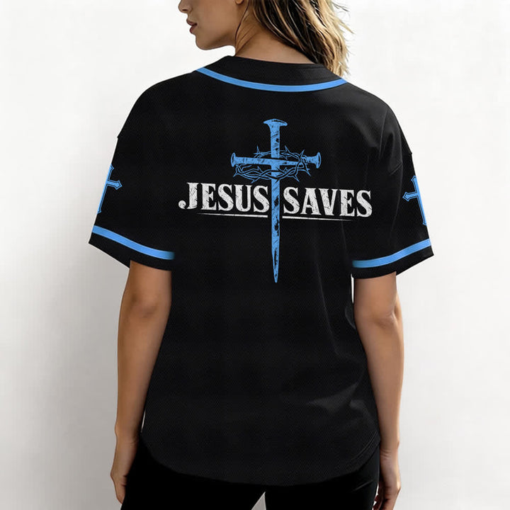 Christianartworkshop Jesus Saves Thorn Crown Black Mesh Baseball Jersey - image 31