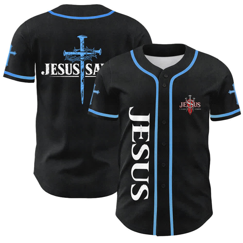Christianartworkshop Jesus Saves Thorn Crown Black Mesh Baseball Jersey - Sky Blue - 5XL - image 28