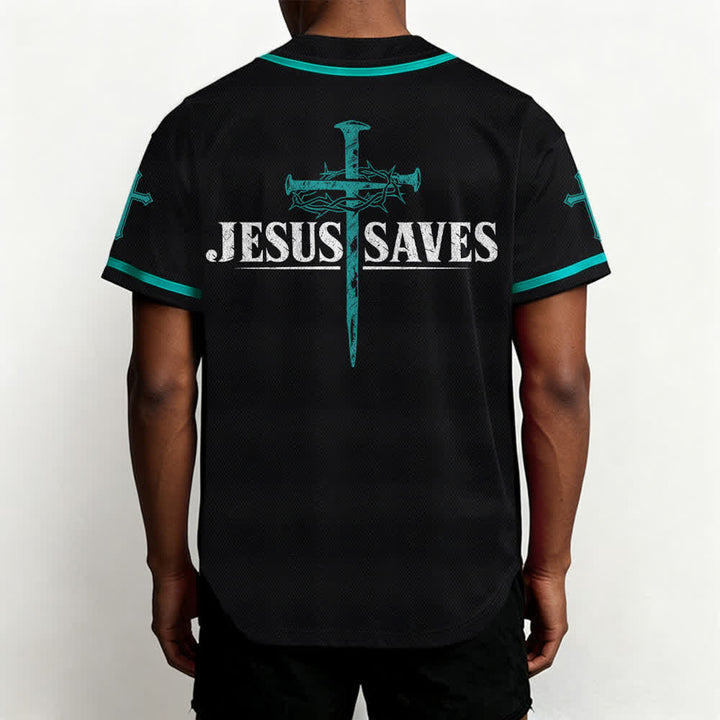 Christianartworkshop Jesus Saves Thorn Crown Black Mesh Baseball Jersey - image 40