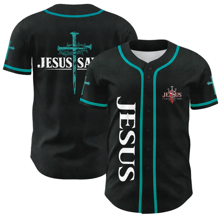 Christianartworkshop Jesus Saves Thorn Crown Black Mesh Baseball Jersey - Lake Blue - 5XL - image 35