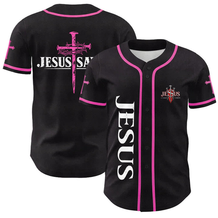 Christianartworkshop Jesus Saves Thorn Crown Black Mesh Baseball Jersey - Pink - 5XL - image 42
