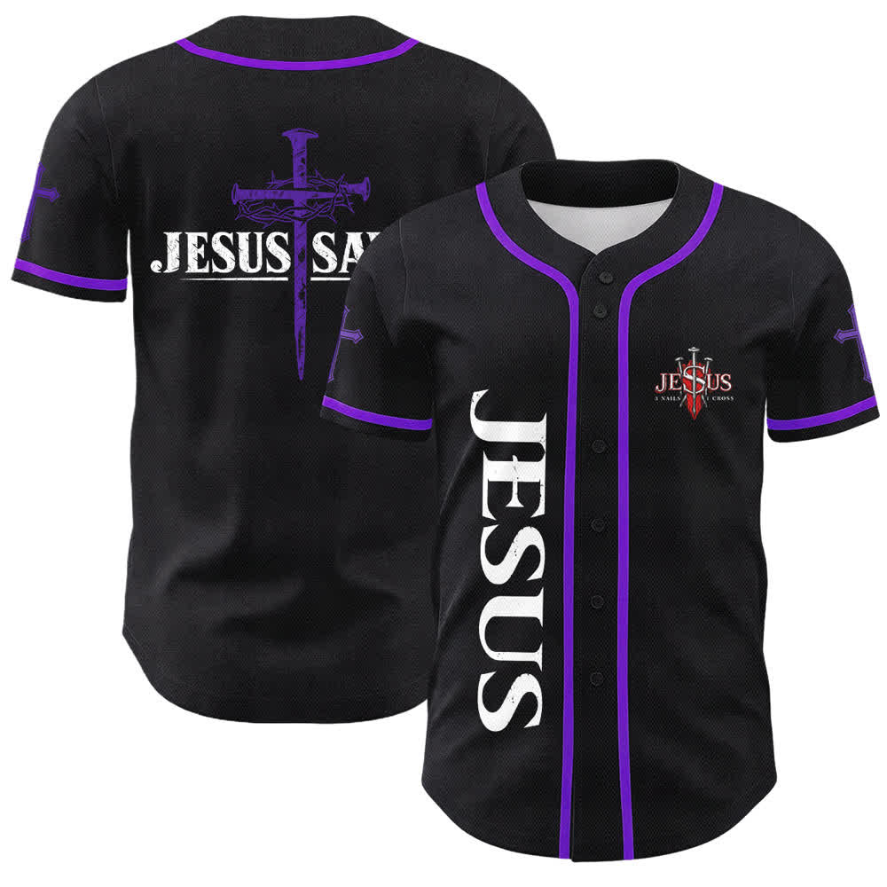 Christianartworkshop Jesus Saves Thorn Crown Black Mesh Baseball Jersey - Purple - 5XL - image 56