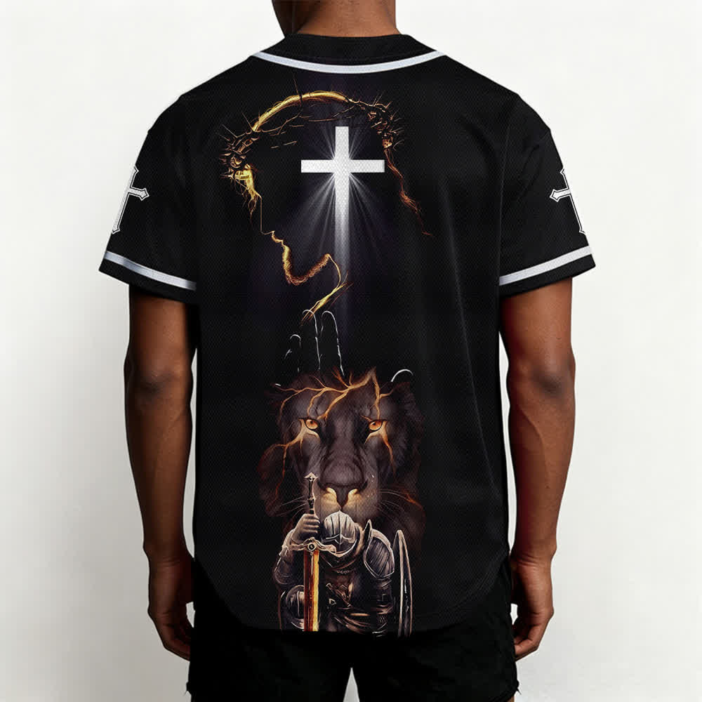 Christianartworkshop Jesus Lion Armor Black Button Up Baseball Jersey - image 5