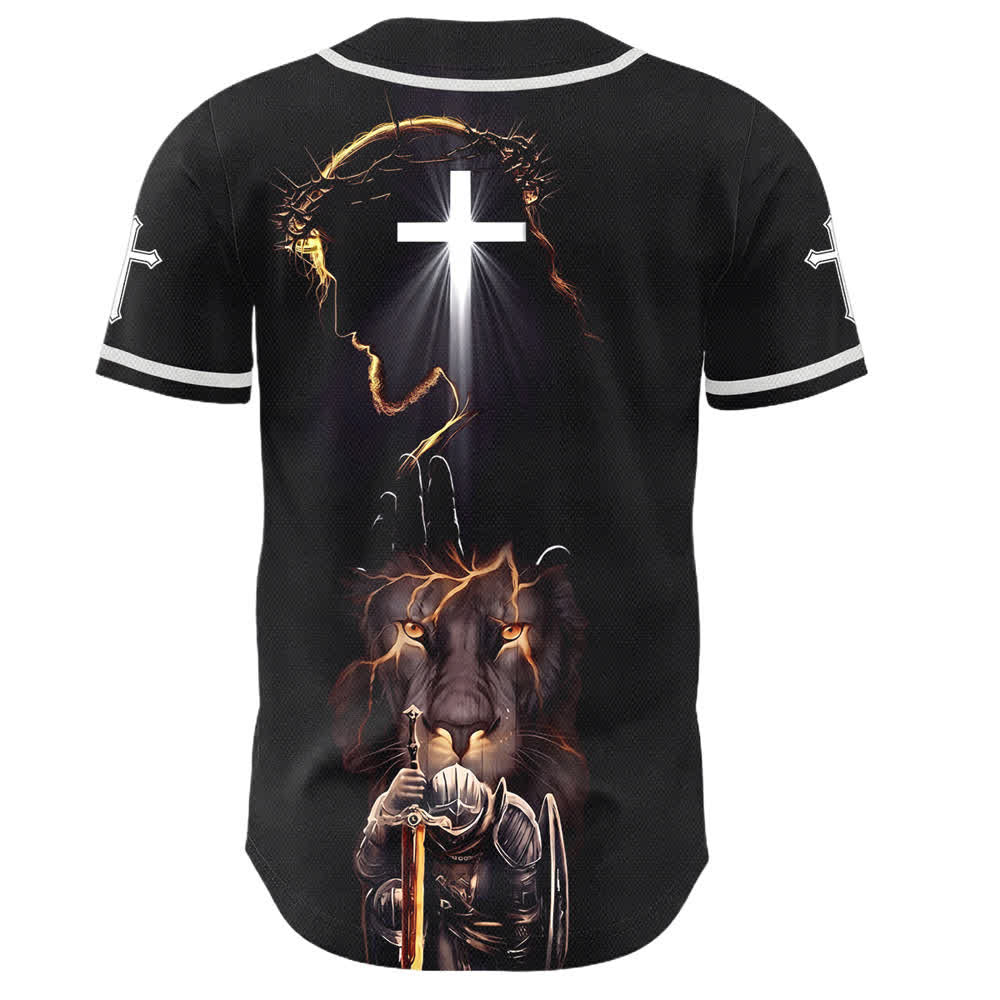 Christianartworkshop Jesus Lion Armor Black Button Up Baseball Jersey - image 1
