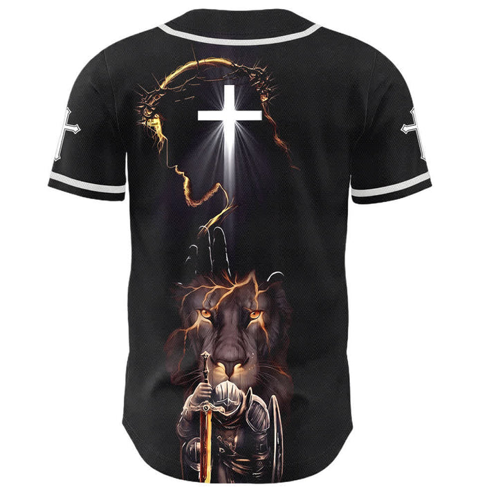 Christianartworkshop Jesus Lion Armor Black Button Up Baseball Jersey - image 1