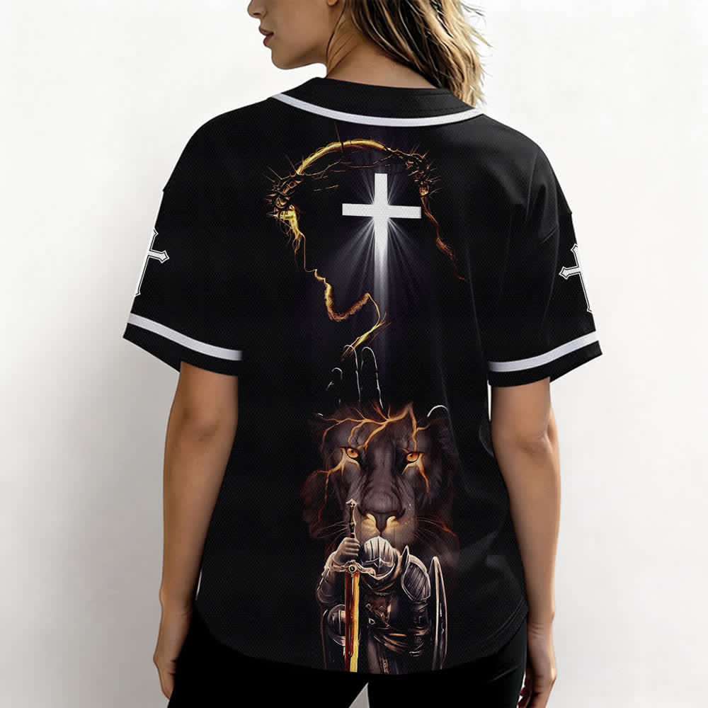 Christianartworkshop Jesus Lion Armor Black Button Up Baseball Jersey - image 3