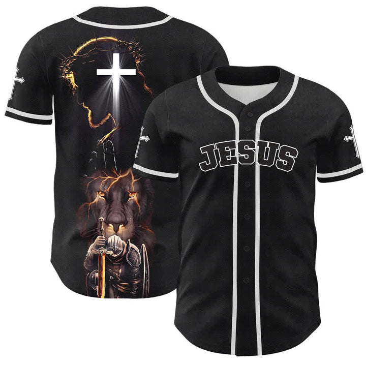 Christianartworkshop Jesus Lion Armor Black Button Up Baseball Jersey - White - 5XL - image 0