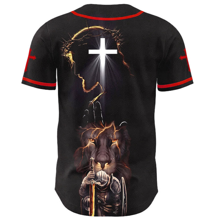 Christianartworkshop Jesus Lion Armor Black Button Up Baseball Jersey - image 8