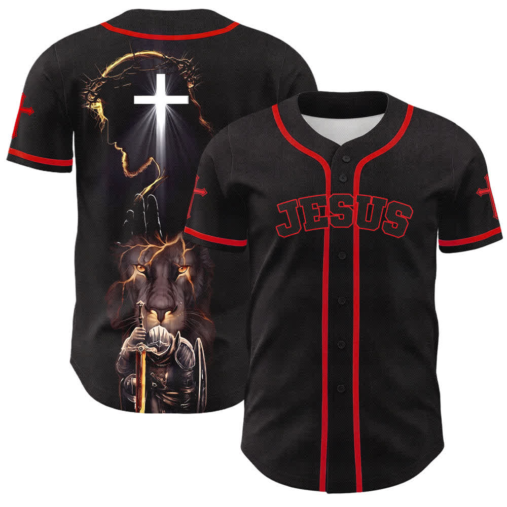 Christianartworkshop Jesus Lion Armor Black Button Up Baseball Jersey - Red - 5XL - image 7