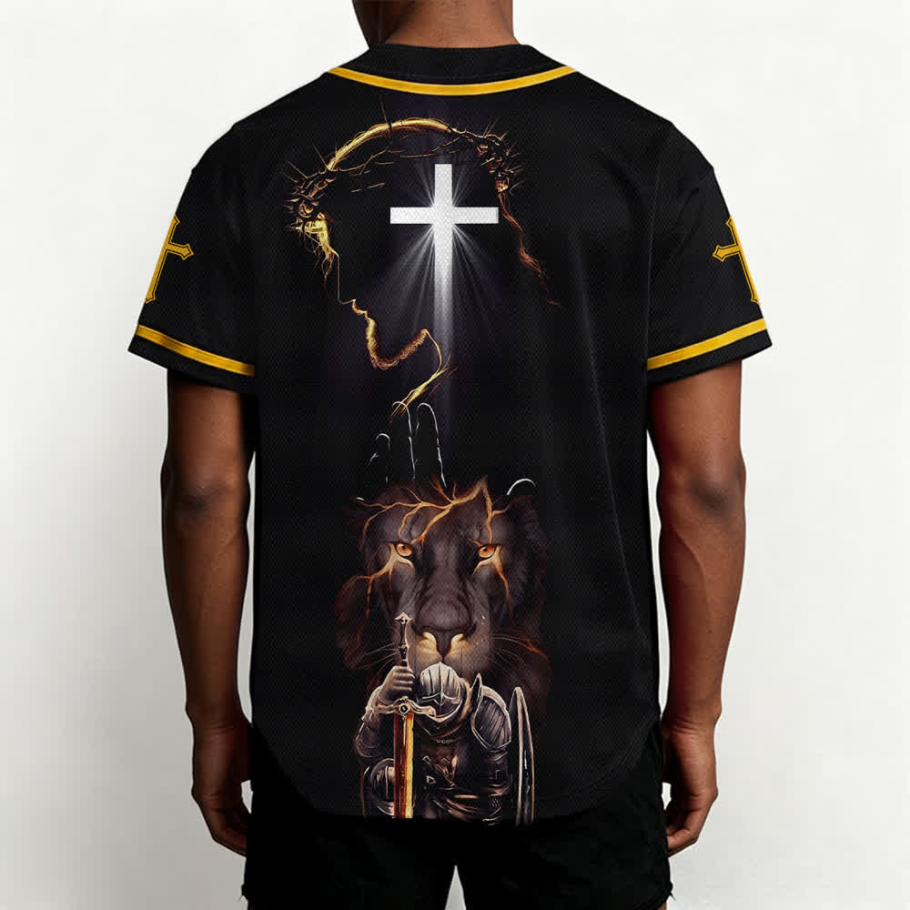 Christianartworkshop Jesus Lion Armor Black Button Up Baseball Jersey - image 19