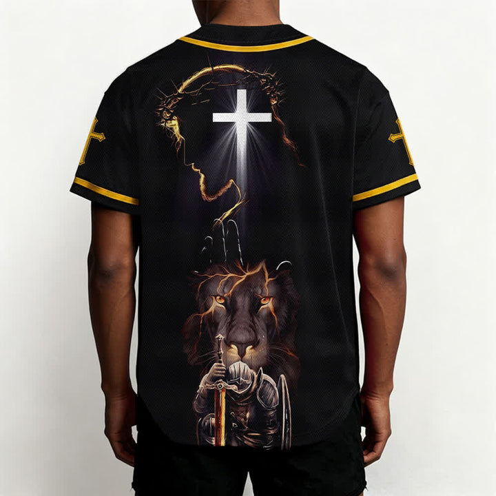 Christianartworkshop Jesus Lion Armor Black Button Up Baseball Jersey - image 19