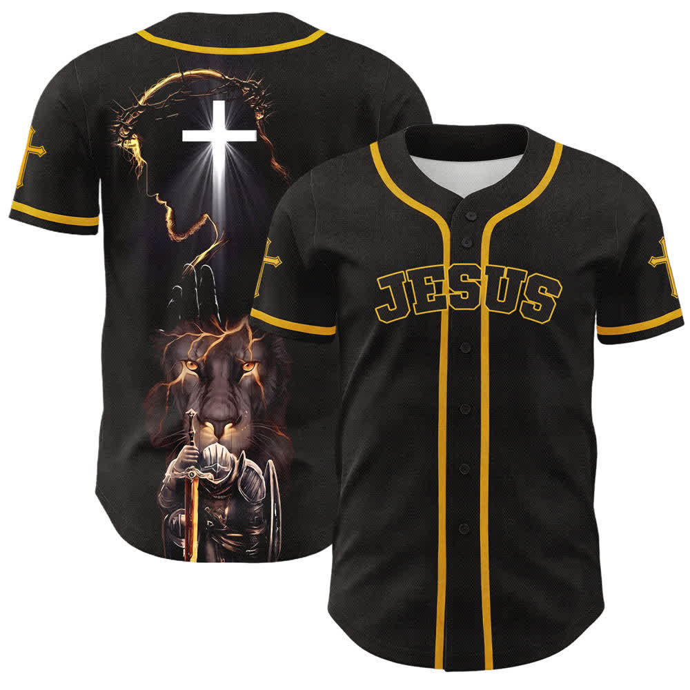 Christianartworkshop Jesus Lion Armor Black Button Up Baseball Jersey - Yellow - 5XL - image 14
