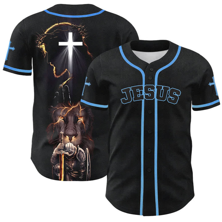 Christianartworkshop Jesus Lion Armor Black Button Up Baseball Jersey - Sky Blue - 5XL - image 28