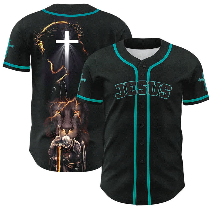 Christianartworkshop Jesus Lion Armor Black Button Up Baseball Jersey - Lake Blue - 5XL - image 35