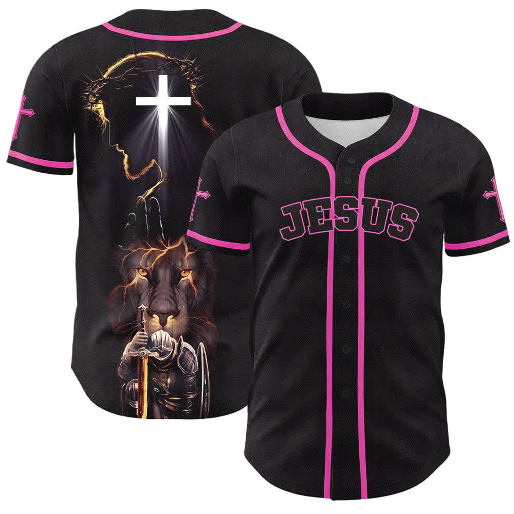 Christianartworkshop Jesus Lion Armor Black Button Up Baseball Jersey - Pink - 5XL - image 42