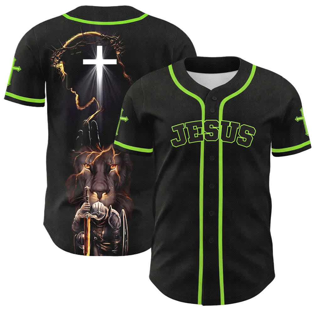 Christianartworkshop Jesus Lion Armor Black Button Up Baseball Jersey - Green - 5XL - image 49