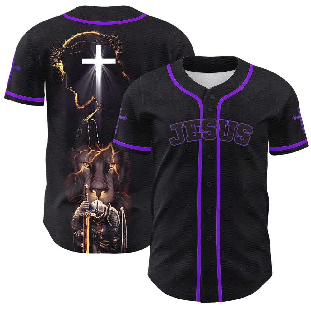 Christianartworkshop Jesus Lion Armor Black Button Up Baseball Jersey - Purple - 5XL - image 56